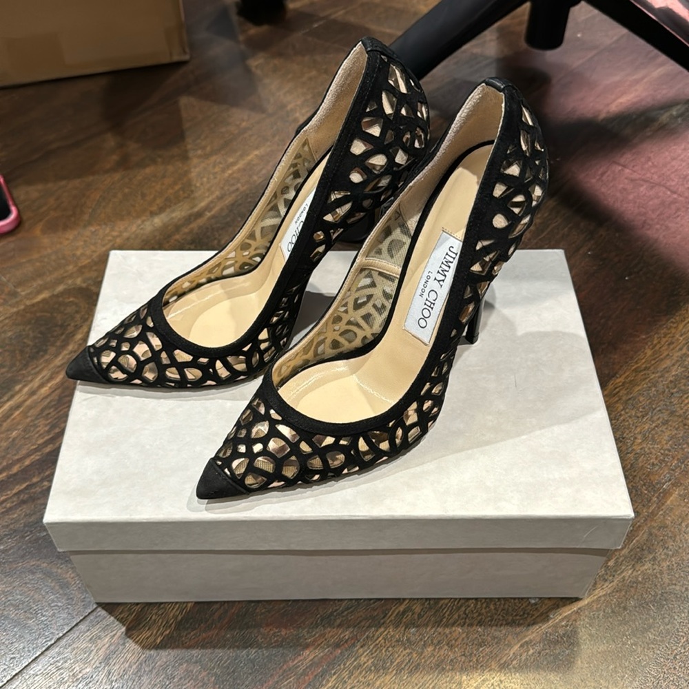 Jimmy Choo Romy Laser Cut Pumps in Black Suede size 36.5